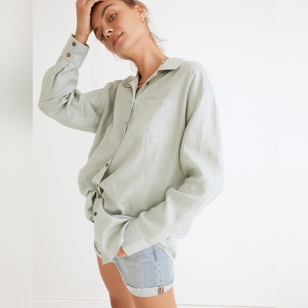 Solid & STriped Linen Light Blue Cover-Up Oxford Tunic Button Front Shirt Size S